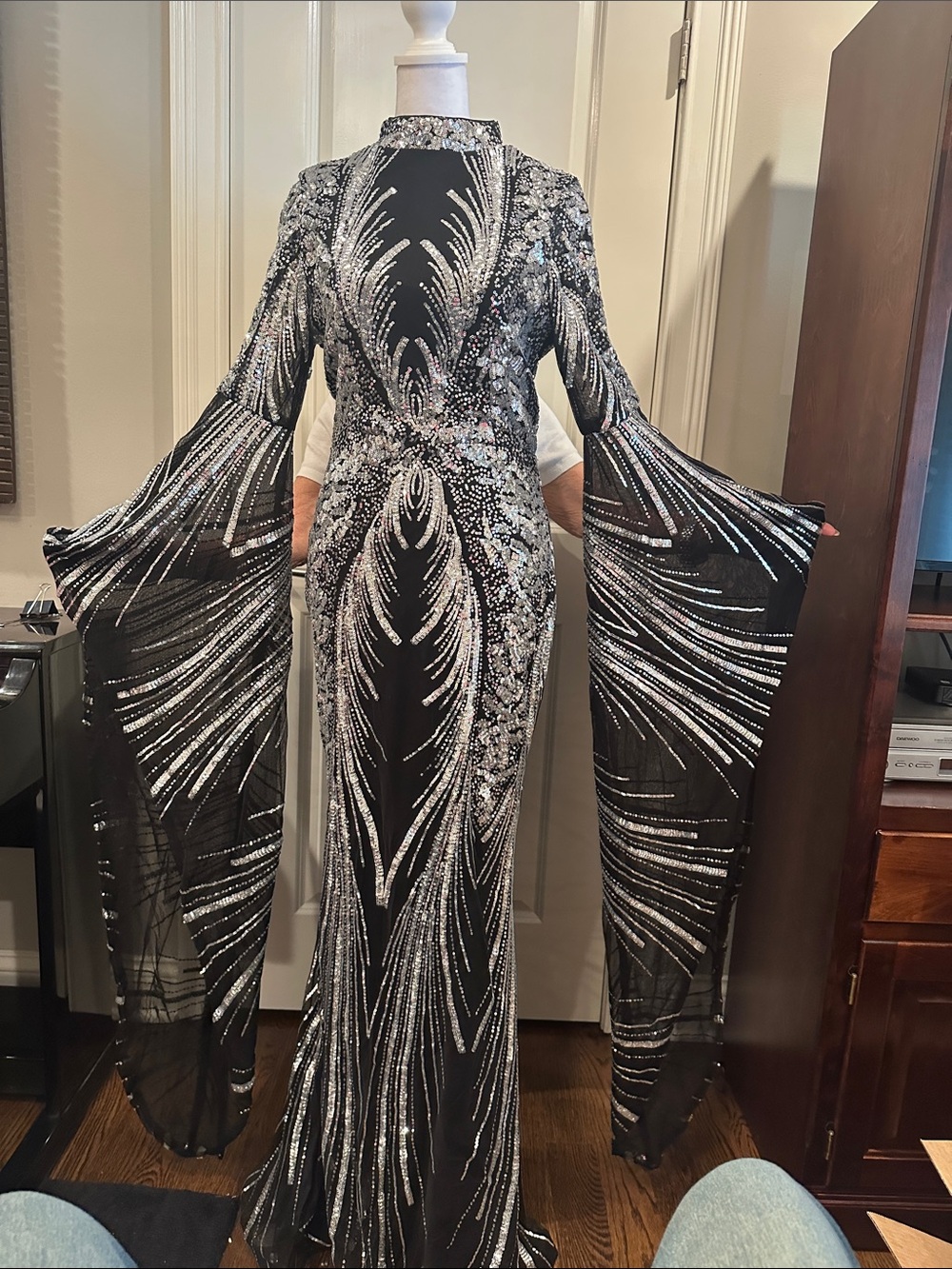 Black Long-Sleeve Sequin Evening Gown with Silver Accents